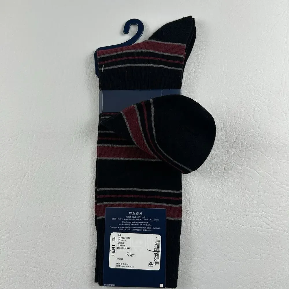Cole Haan Men’s Black Burgundy Striped Dress Crew Socks Comfort Stretch 7-12 NWT